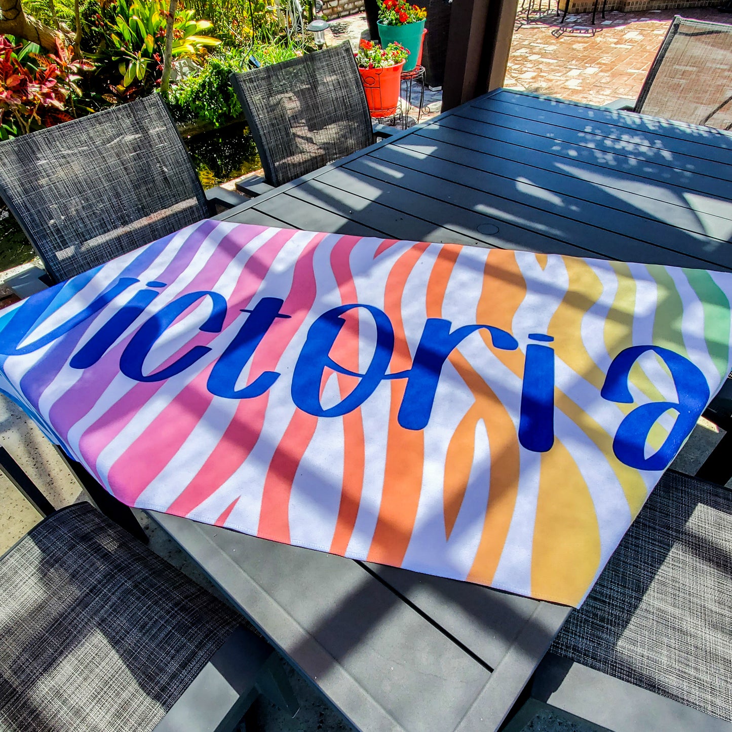 Unique Personalized Beach Towel with Colorful Animal Stripe Design