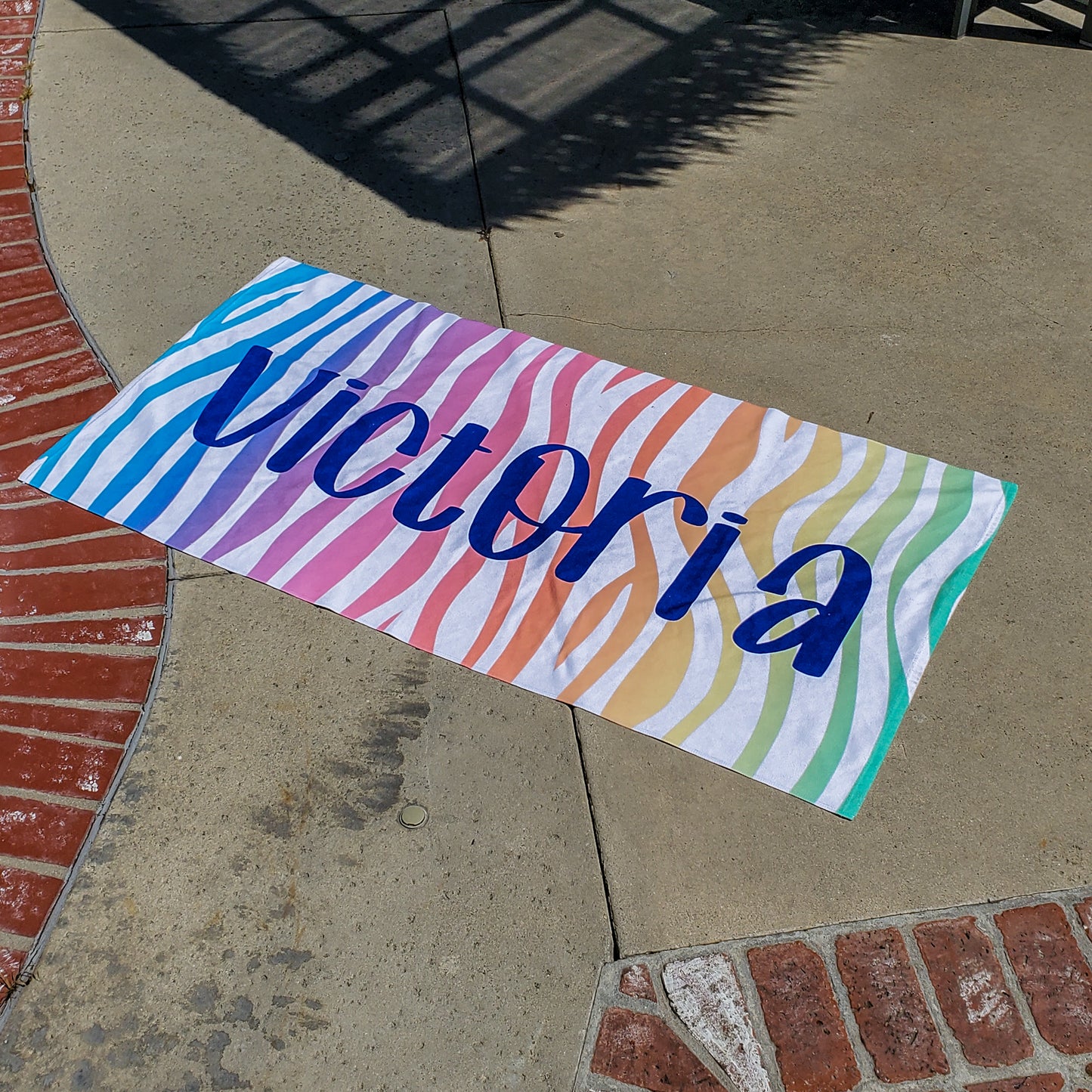 Unique Personalized Beach Towel with Colorful Animal Stripe Design